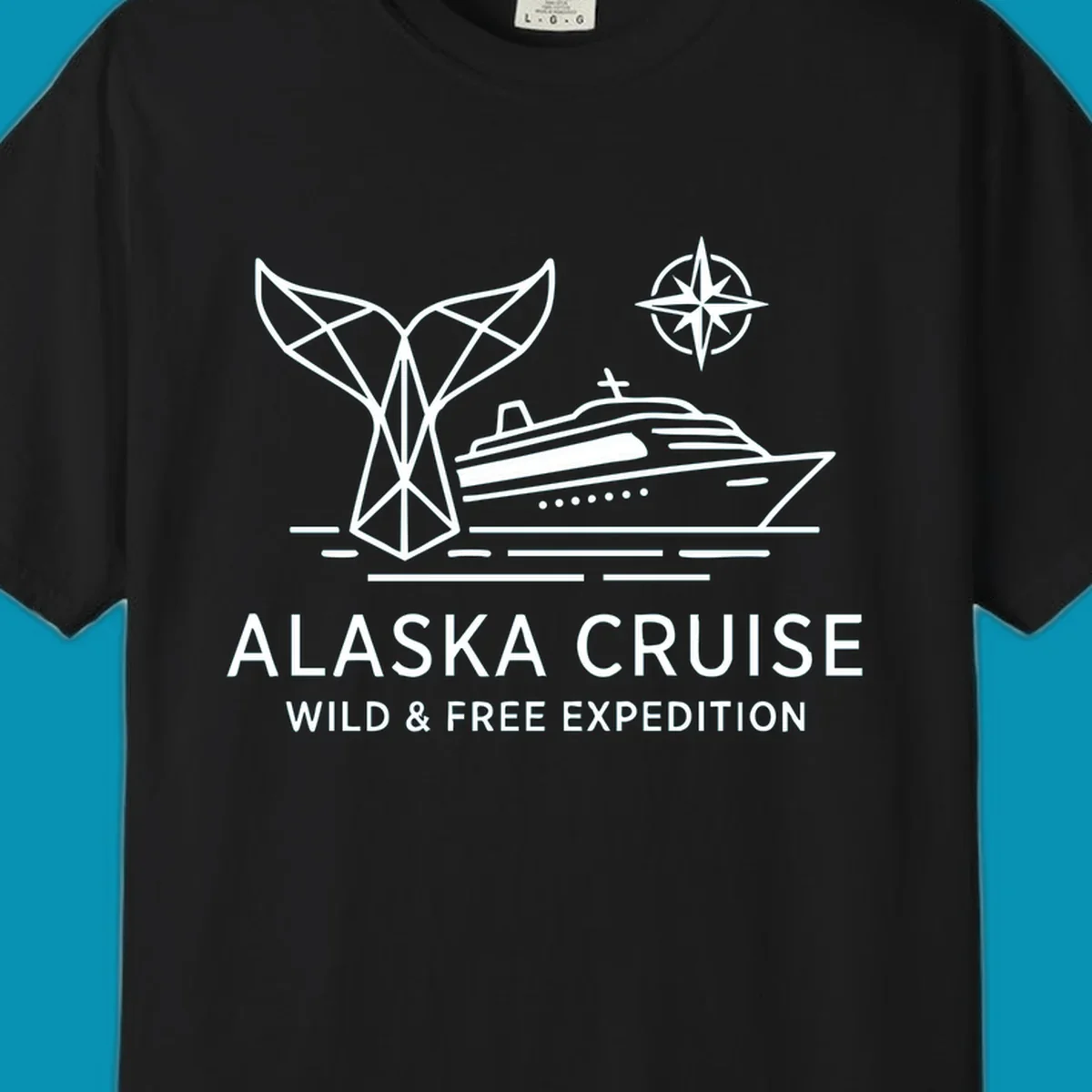 White line art for alaska-wild-free-expedition cruise with geometric whale tail, cruise ship, and compass rose graphic.