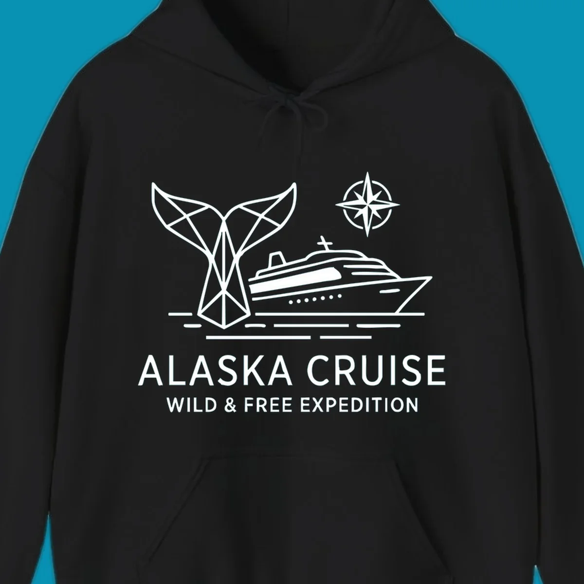 White line art for alaska-wild-free-expedition cruise with geometric whale tail, cruise ship, and compass rose graphic.