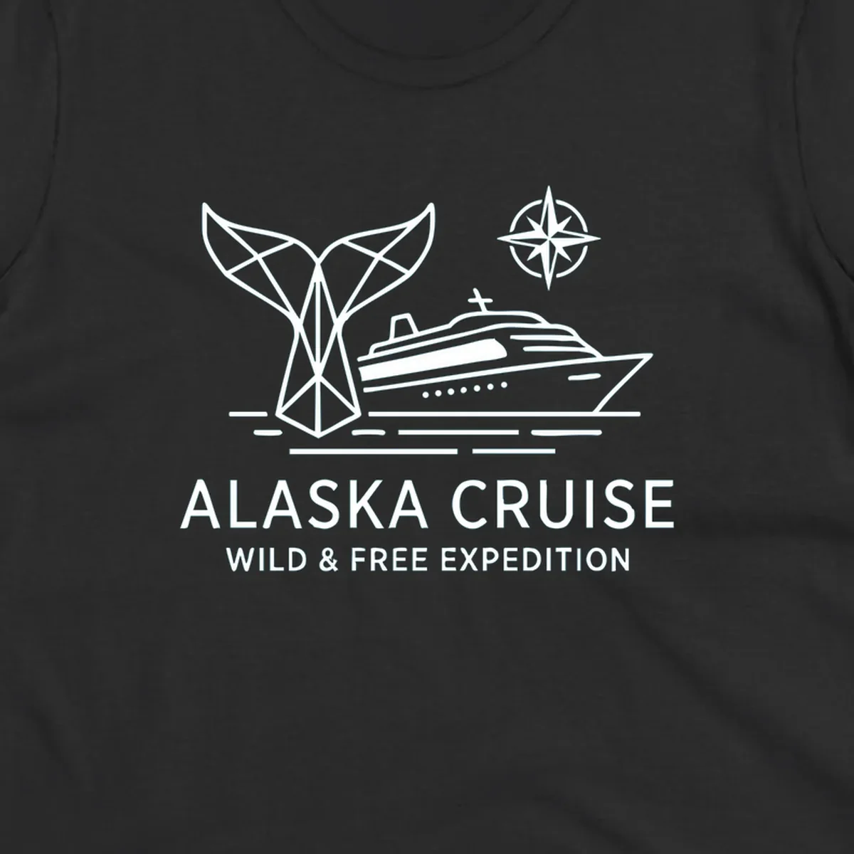 White line art for alaska-wild-free-expedition cruise with geometric whale tail, cruise ship, and compass rose graphic.