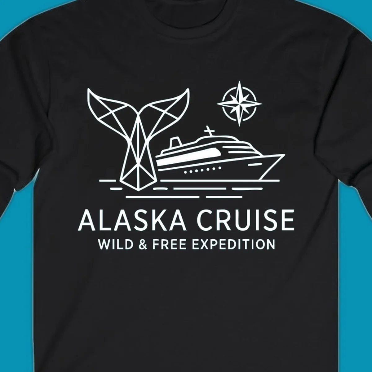 White line art for alaska-wild-free-expedition cruise with geometric whale tail, cruise ship, and compass rose graphic.