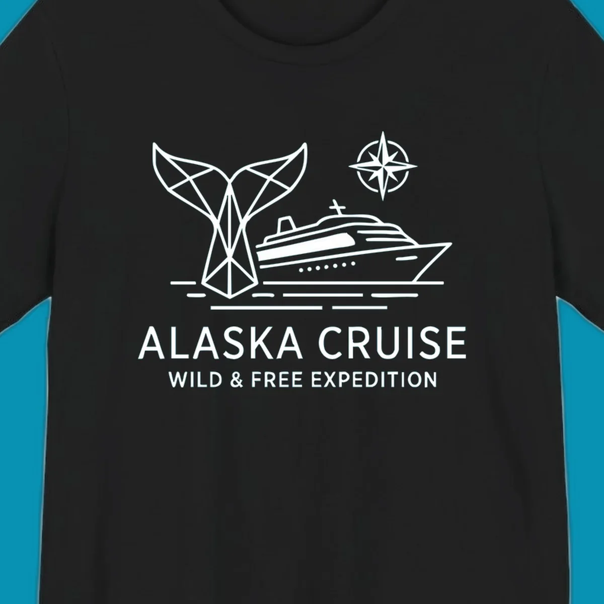 White line art for alaska-wild-free-expedition cruise with geometric whale tail, cruise ship, and compass rose graphic.