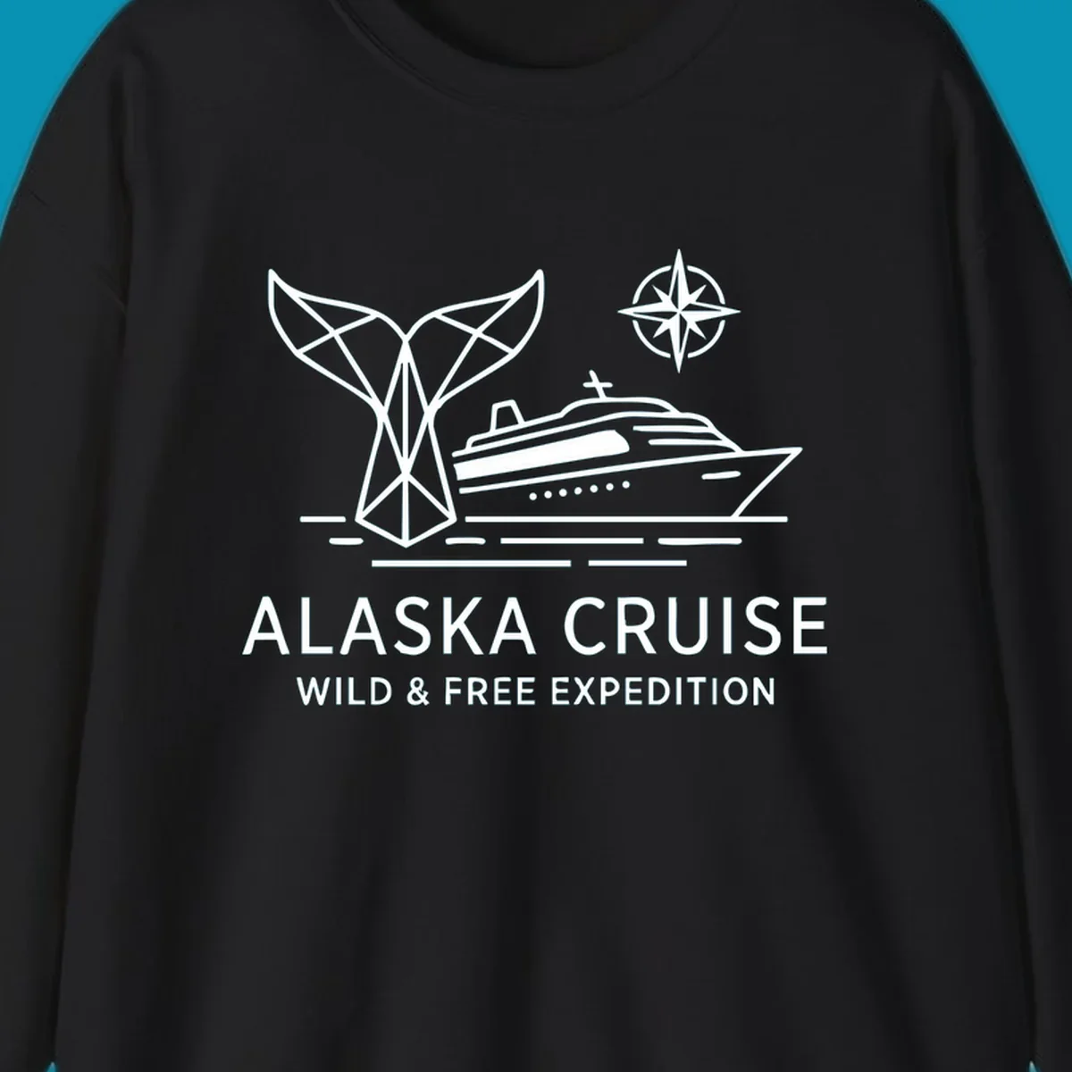 White line art for alaska-wild-free-expedition cruise with geometric whale tail, cruise ship, and compass rose graphic.
