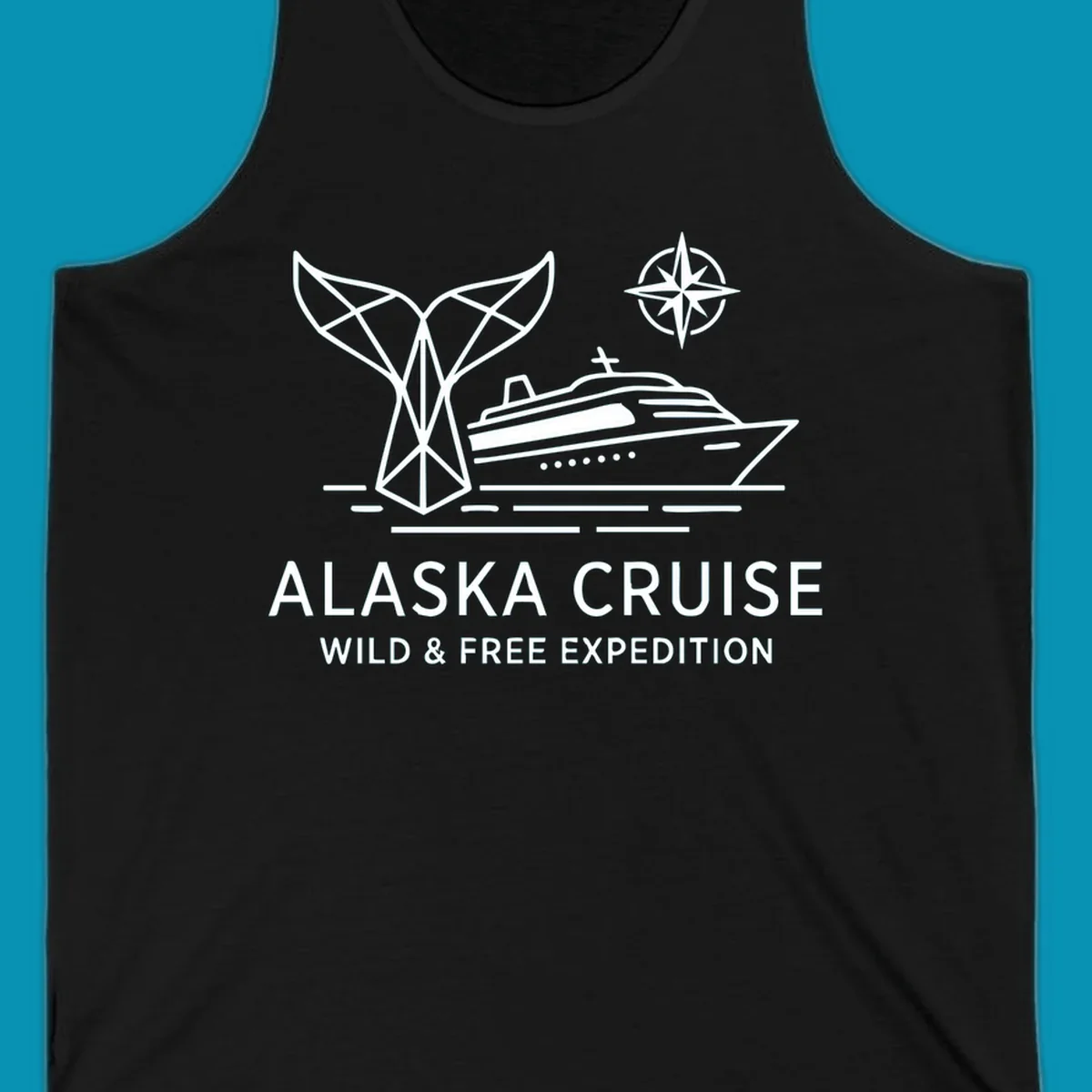 White line art for alaska-wild-free-expedition cruise with geometric whale tail, cruise ship, and compass rose graphic.