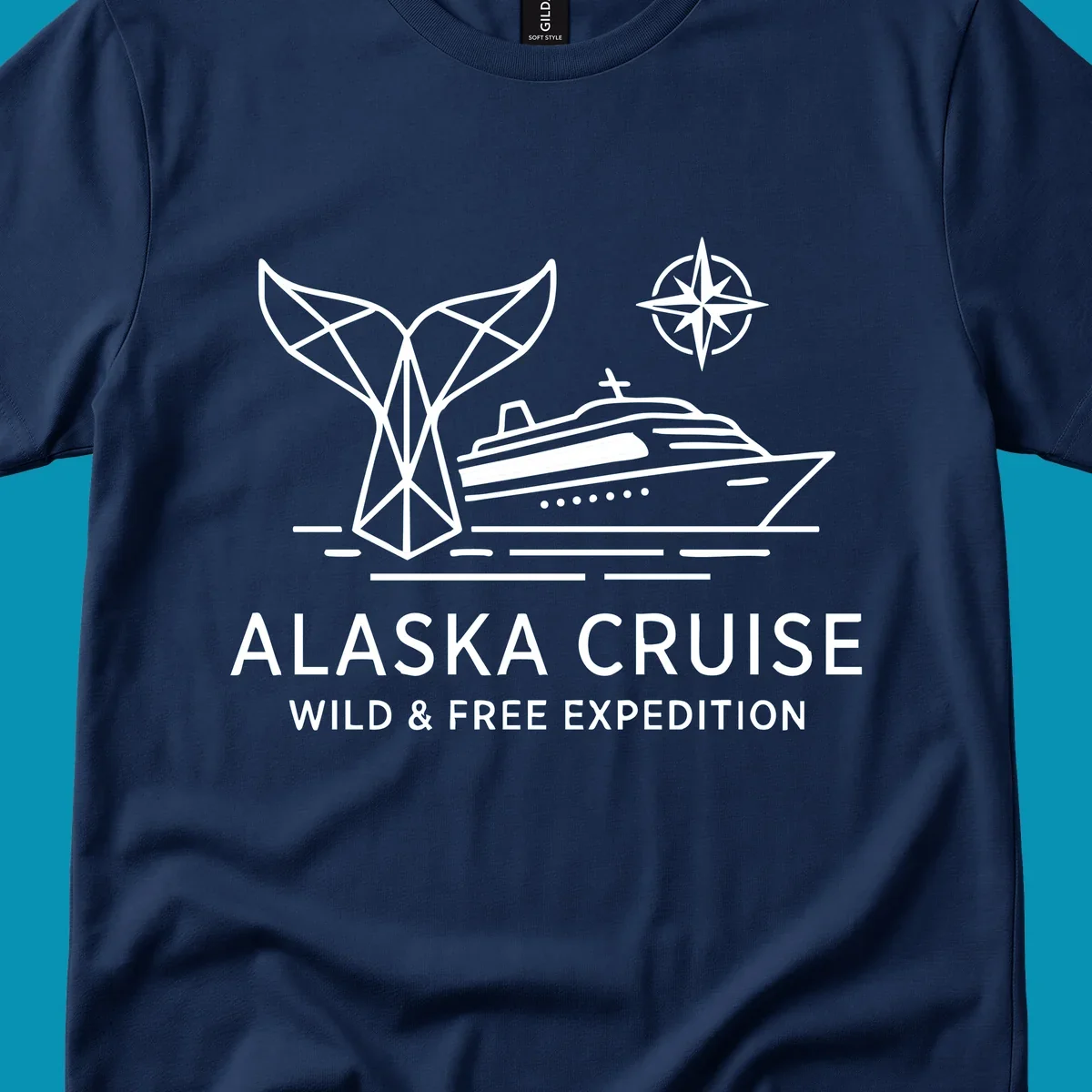 White line art for alaska-wild-free-expedition cruise with geometric whale tail, cruise ship, and compass rose graphic.