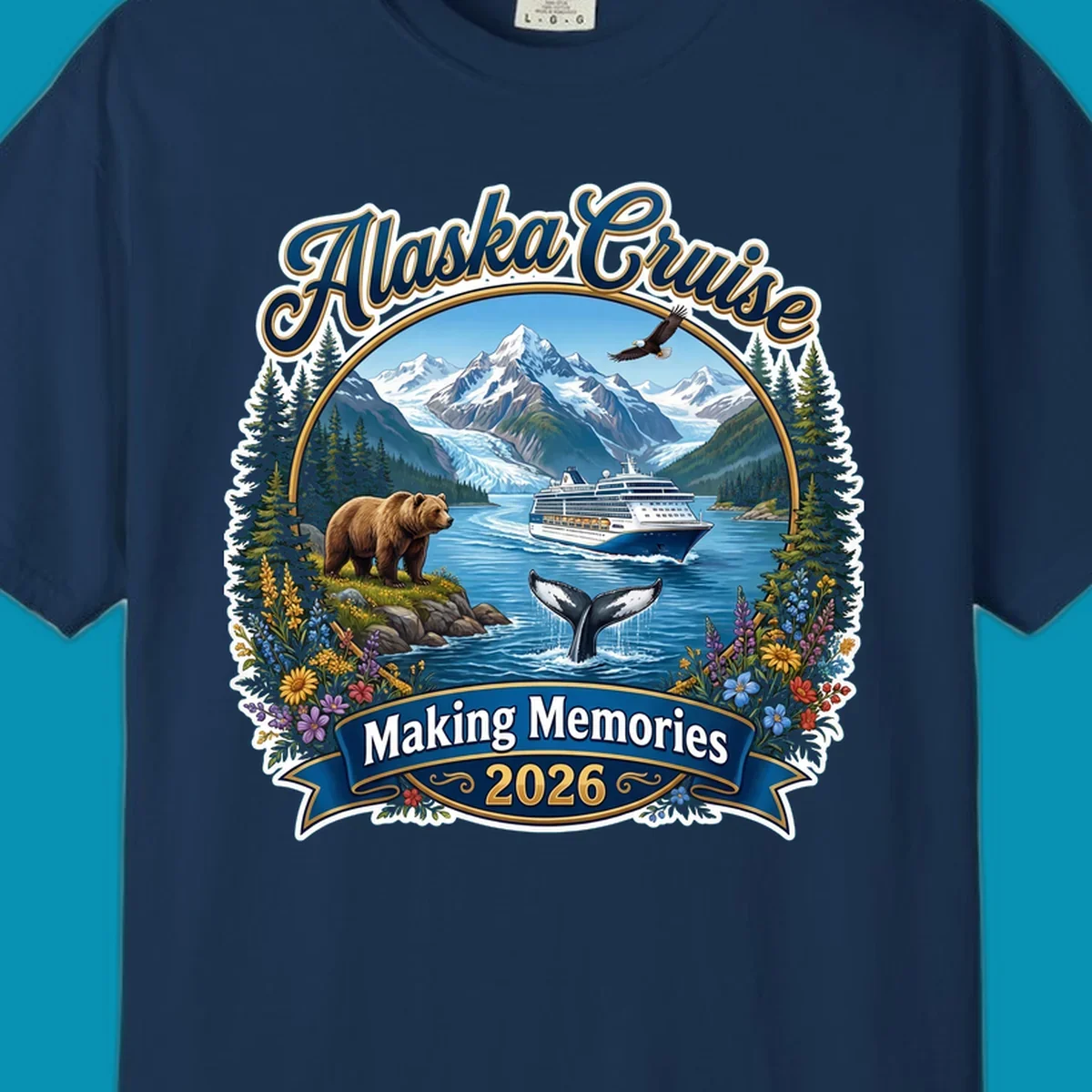 Alaska cruise making memories illustration with ship, glacier mountains, bear, whale, eagle, and wildflowers in vintage badge style