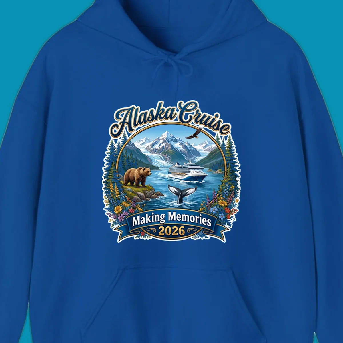 Alaska cruise making memories illustration with ship, glacier mountains, bear, whale, eagle, and wildflowers in vintage badge style