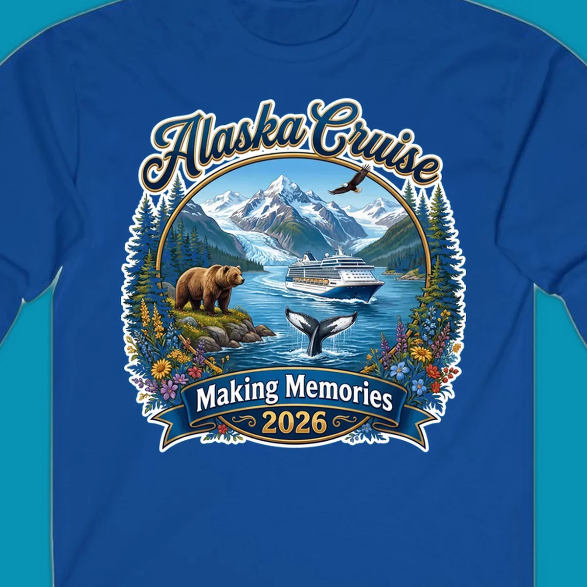Alaska cruise making memories illustration with ship, glacier mountains, bear, whale, eagle, and wildflowers in vintage badge style