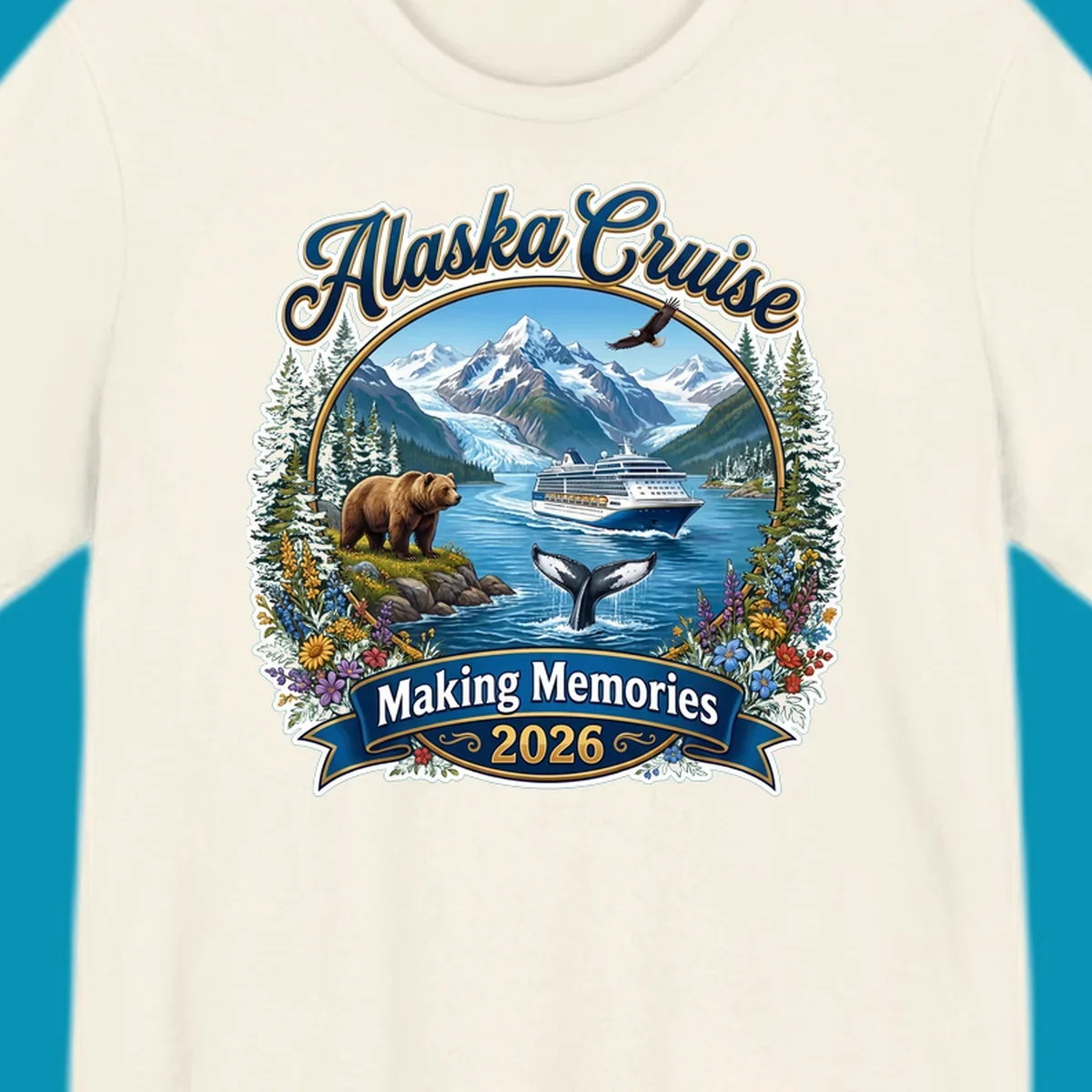 Alaska cruise making memories illustration with ship, glacier mountains, bear, whale, eagle, and wildflowers in vintage badge style