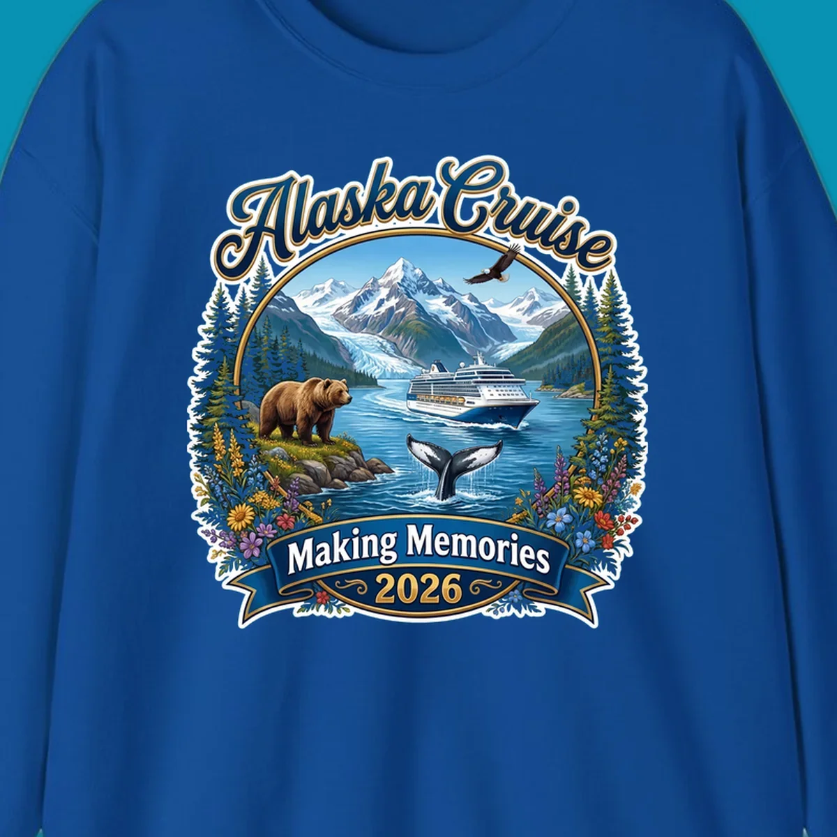 Alaska cruise making memories illustration with ship, glacier mountains, bear, whale, eagle, and wildflowers in vintage badge style