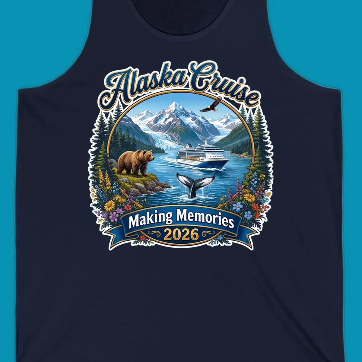 Alaska cruise making memories illustration with ship, glacier mountains, bear, whale, eagle, and wildflowers in vintage badge style