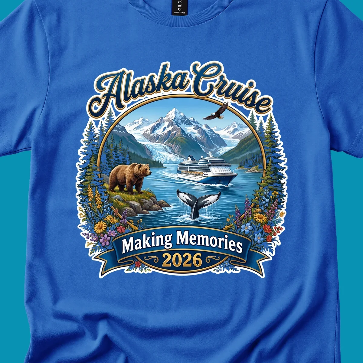 Alaska cruise making memories illustration with ship, glacier mountains, bear, whale, eagle, and wildflowers in vintage badge style