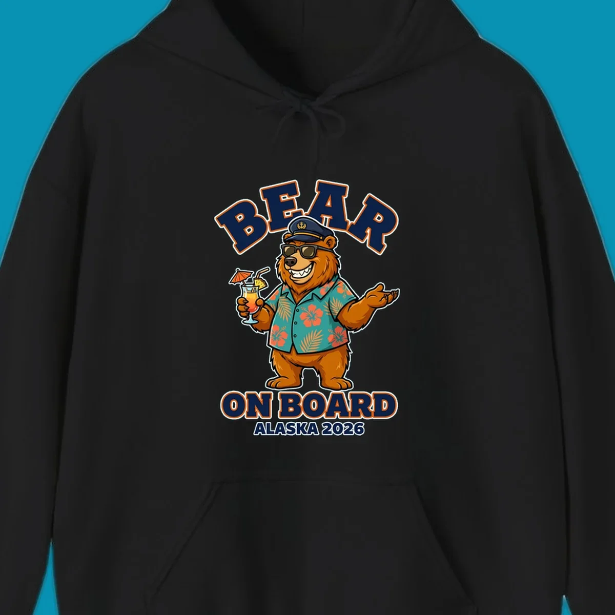 Cartoon bear-on-board-alaska wearing captain's hat, sunglasses, and Hawaiian shirt, holding a tropical drink, with text 'BEAR ON BOARD ALASKA 2026'.