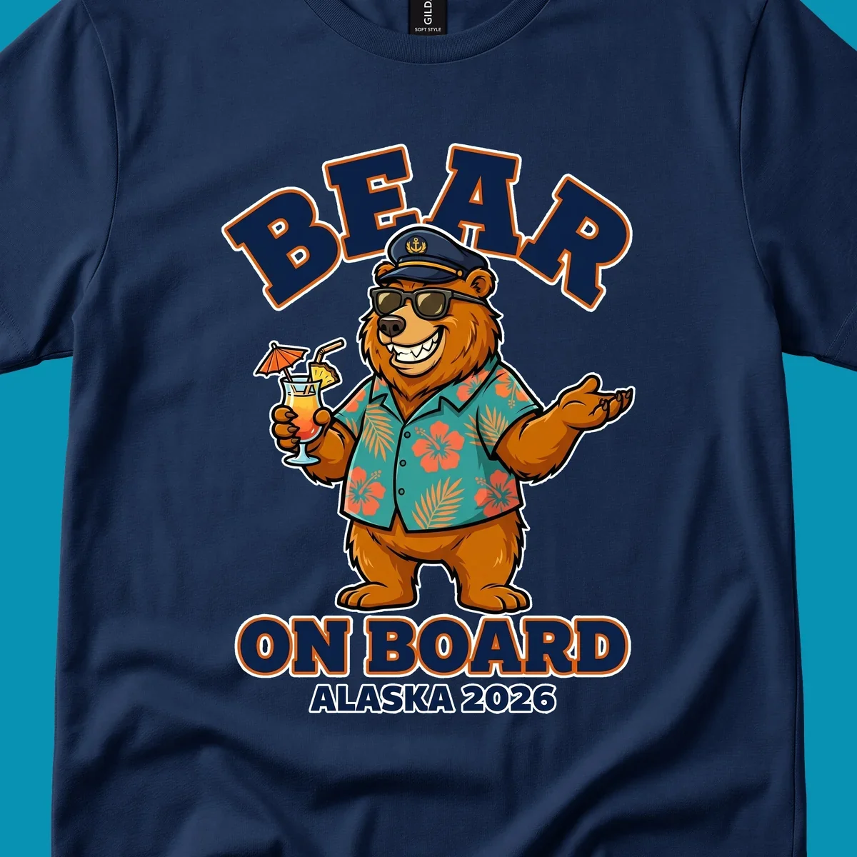 Cartoon bear-on-board-alaska wearing captain's hat, sunglasses, and Hawaiian shirt, holding a tropical drink, with text 'BEAR ON BOARD ALASKA 2026'.