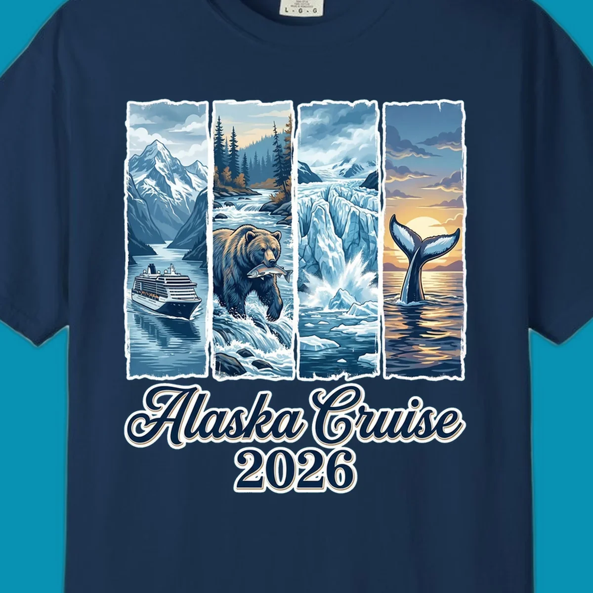 Illustrated collage for Alaska cruise adventure collage 2026 showing a cruise ship, bear with fish, glacier, and whale tail.
