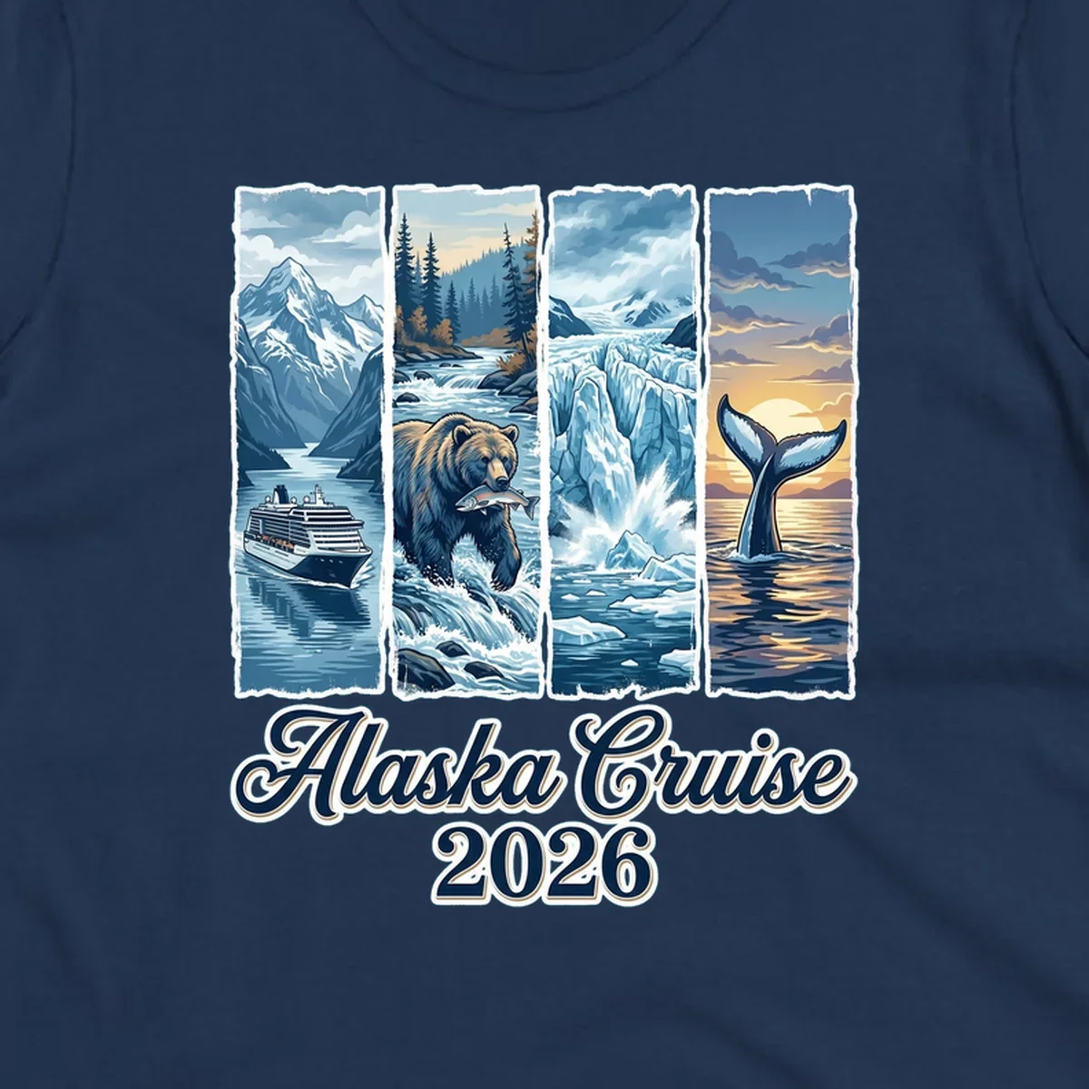 Illustrated collage for Alaska cruise adventure collage 2026 showing a cruise ship, bear with fish, glacier, and whale tail.