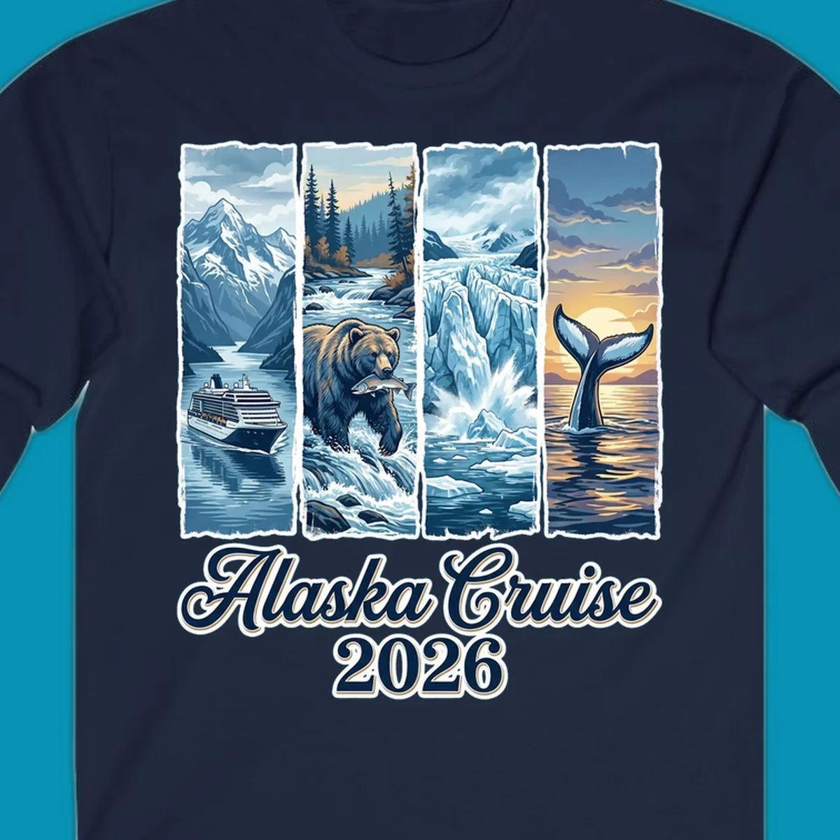 Illustrated collage for Alaska cruise adventure collage 2026 showing a cruise ship, bear with fish, glacier, and whale tail.