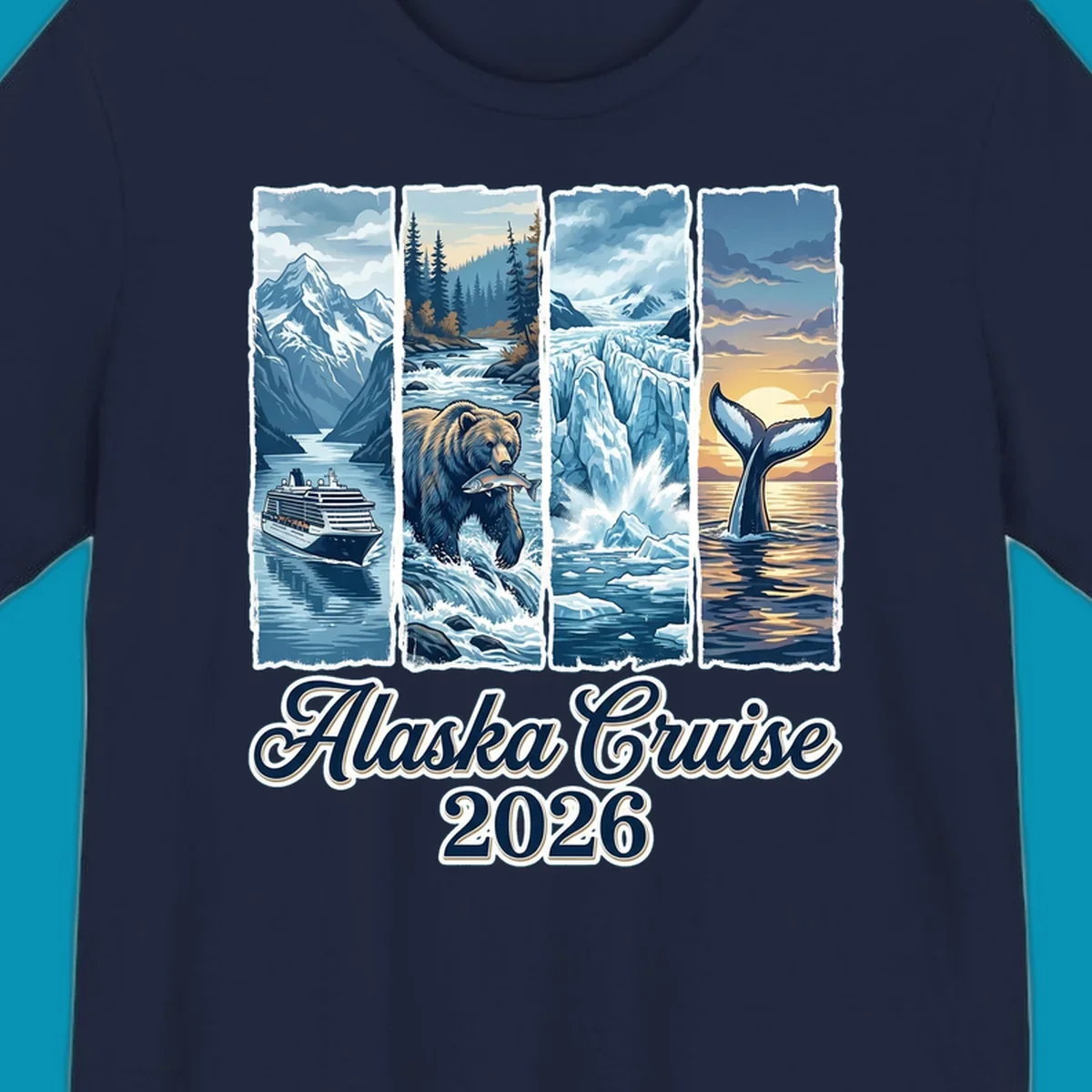 Illustrated collage for Alaska cruise adventure collage 2026 showing a cruise ship, bear with fish, glacier, and whale tail.