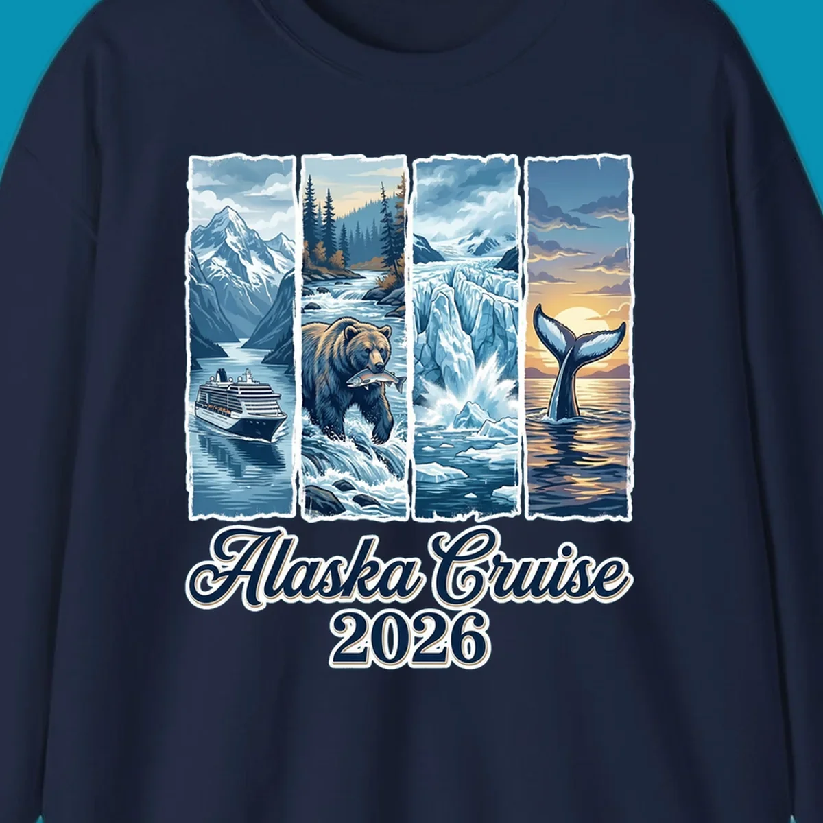 Illustrated collage for Alaska cruise adventure collage 2026 showing a cruise ship, bear with fish, glacier, and whale tail.