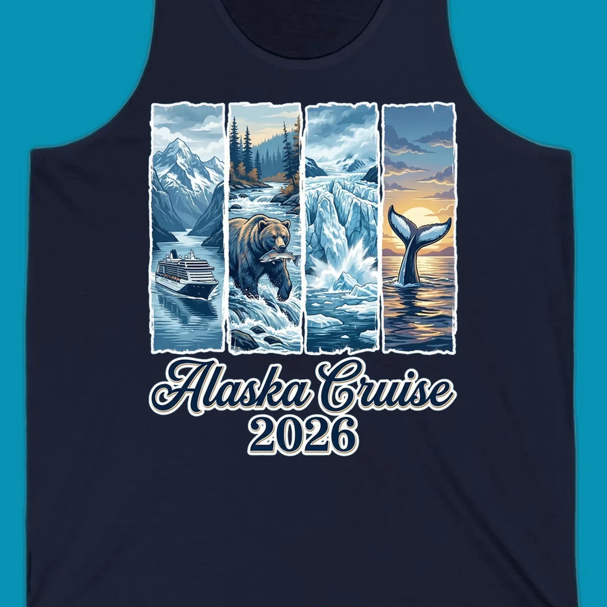Illustrated collage for Alaska cruise adventure collage 2026 showing a cruise ship, bear with fish, glacier, and whale tail.