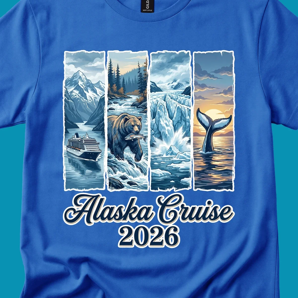 Illustrated collage for Alaska cruise adventure collage 2026 showing a cruise ship, bear with fish, glacier, and whale tail.