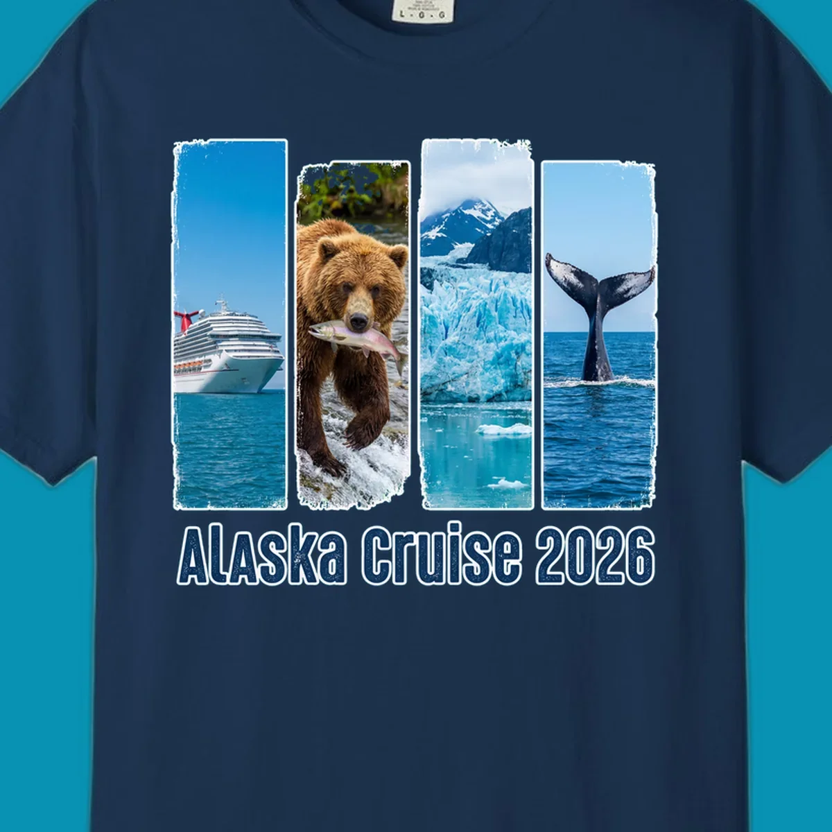 Four vertical panels depict an Alaska cruise ship, a grizzly bear with a salmon, a glacier, and a whale tail, with 'Alaska Cruise 2026' text. Features an alaska-adventure-panels theme.