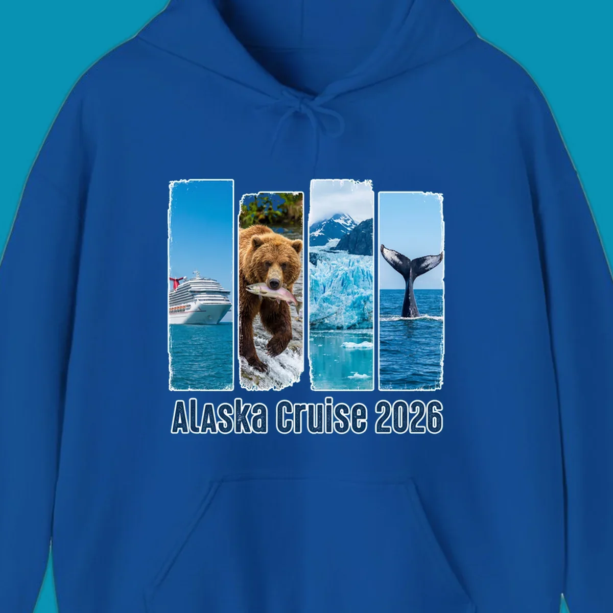 Four vertical panels depict an Alaska cruise ship, a grizzly bear with a salmon, a glacier, and a whale tail, with 'Alaska Cruise 2026' text. Features an alaska-adventure-panels theme.