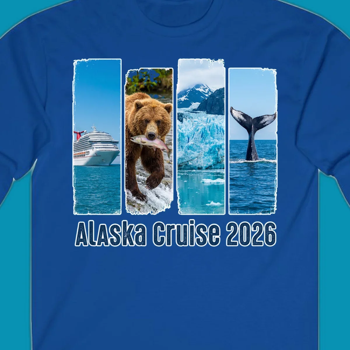 Four vertical panels depict an Alaska cruise ship, a grizzly bear with a salmon, a glacier, and a whale tail, with 'Alaska Cruise 2026' text. Features an alaska-adventure-panels theme.