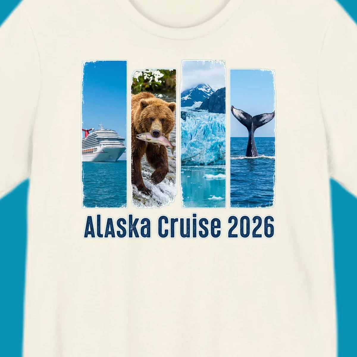 Four vertical panels depict an Alaska cruise ship, a grizzly bear with a salmon, a glacier, and a whale tail, with 'Alaska Cruise 2026' text. Features an alaska-adventure-panels theme.