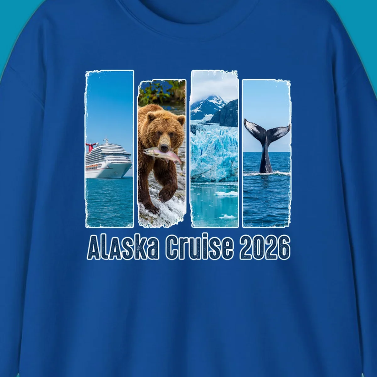 Four vertical panels depict an Alaska cruise ship, a grizzly bear with a salmon, a glacier, and a whale tail, with 'Alaska Cruise 2026' text. Features an alaska-adventure-panels theme.