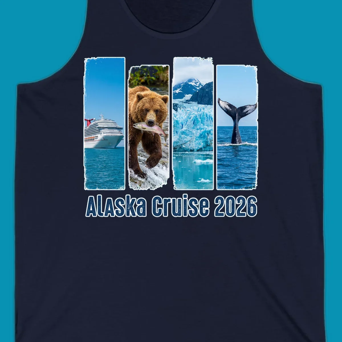 Four vertical panels depict an Alaska cruise ship, a grizzly bear with a salmon, a glacier, and a whale tail, with 'Alaska Cruise 2026' text. Features an alaska-adventure-panels theme.