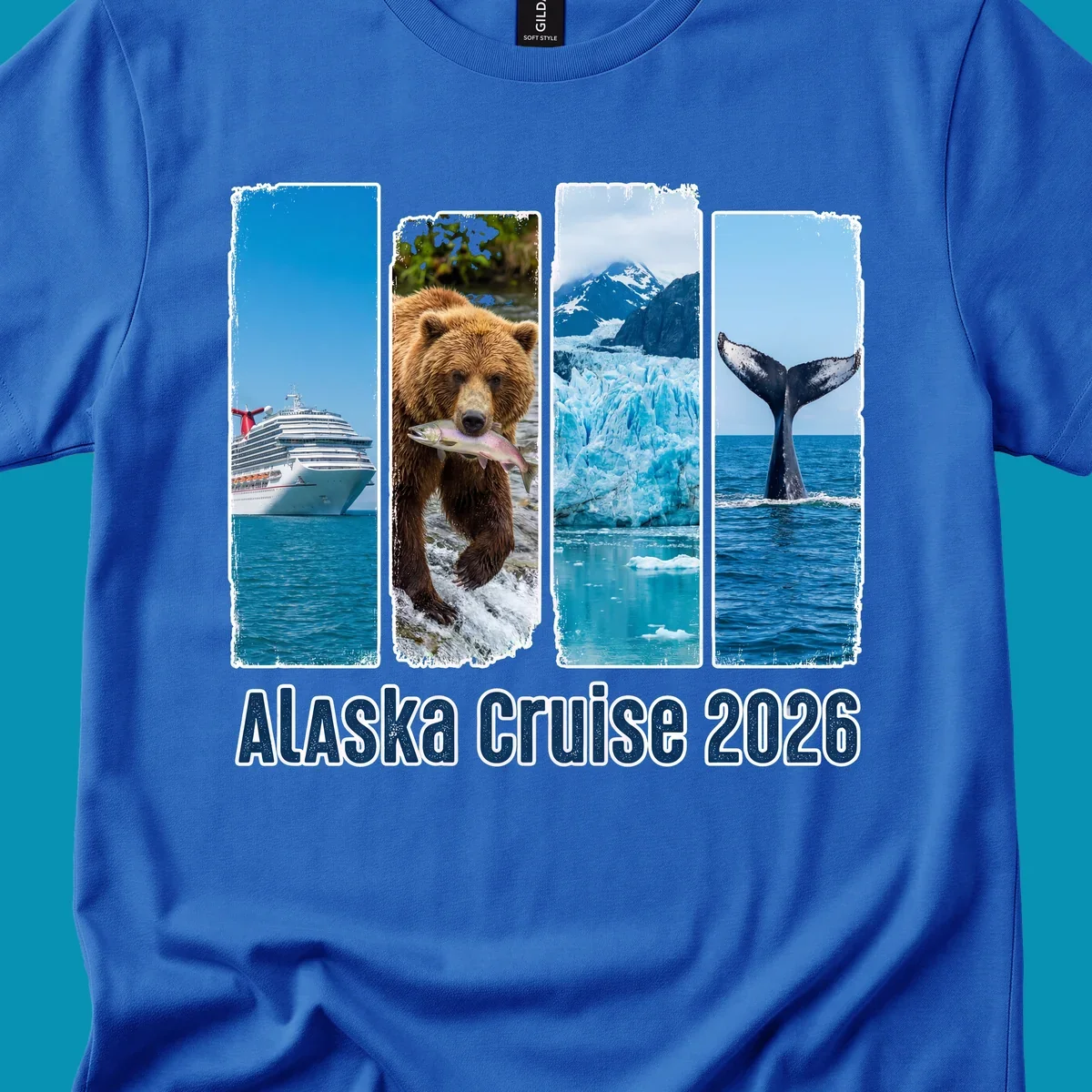 Four vertical panels depict an Alaska cruise ship, a grizzly bear with a salmon, a glacier, and a whale tail, with 'Alaska Cruise 2026' text. Features an alaska-adventure-panels theme.