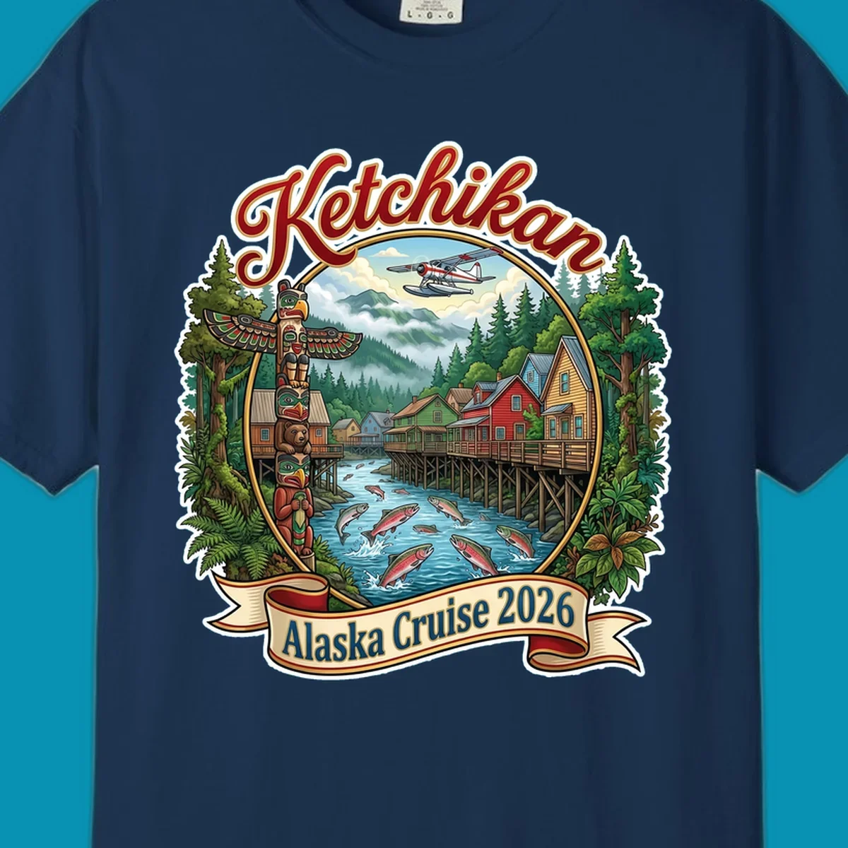 Colorful illustration of Ketchikan, Alaska, with a totem pole, stilt houses, jumping salmon, mountains, seaplane, and 'Ketchikan Alaska Cruise 2026' text, highlighting the ketchikan-alaska-totem-salmon experience.