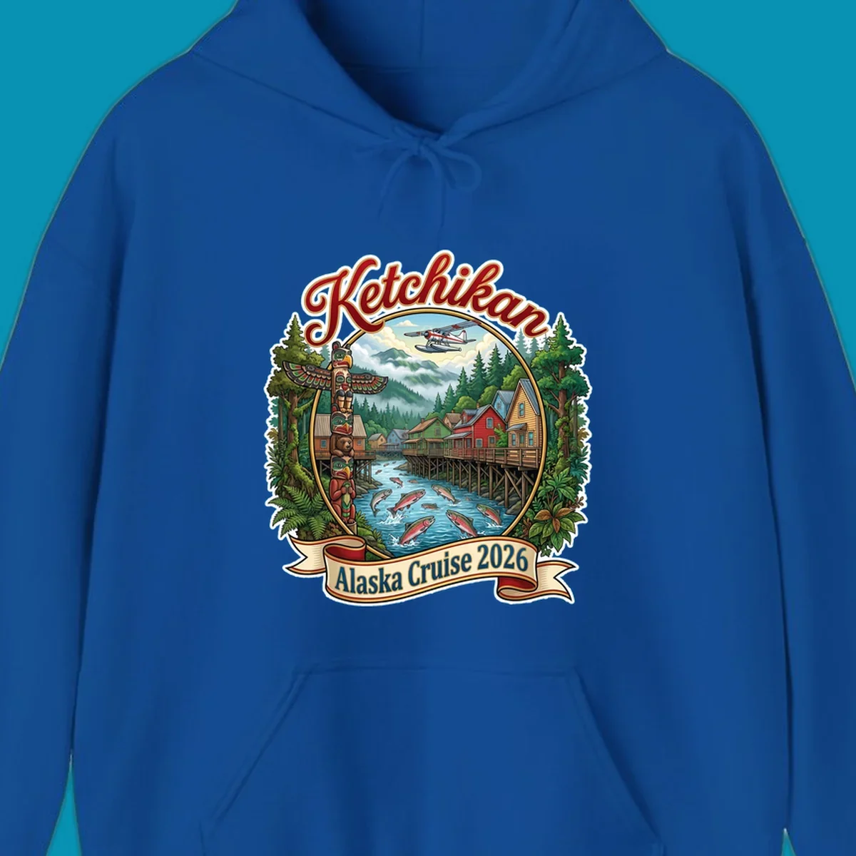 Colorful illustration of Ketchikan, Alaska, with a totem pole, stilt houses, jumping salmon, mountains, seaplane, and 'Ketchikan Alaska Cruise 2026' text, highlighting the ketchikan-alaska-totem-salmon experience.