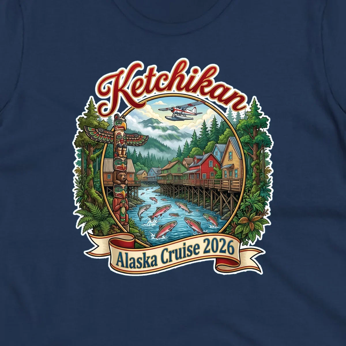 Colorful illustration of Ketchikan, Alaska, with a totem pole, stilt houses, jumping salmon, mountains, seaplane, and 'Ketchikan Alaska Cruise 2026' text, highlighting the ketchikan-alaska-totem-salmon experience.