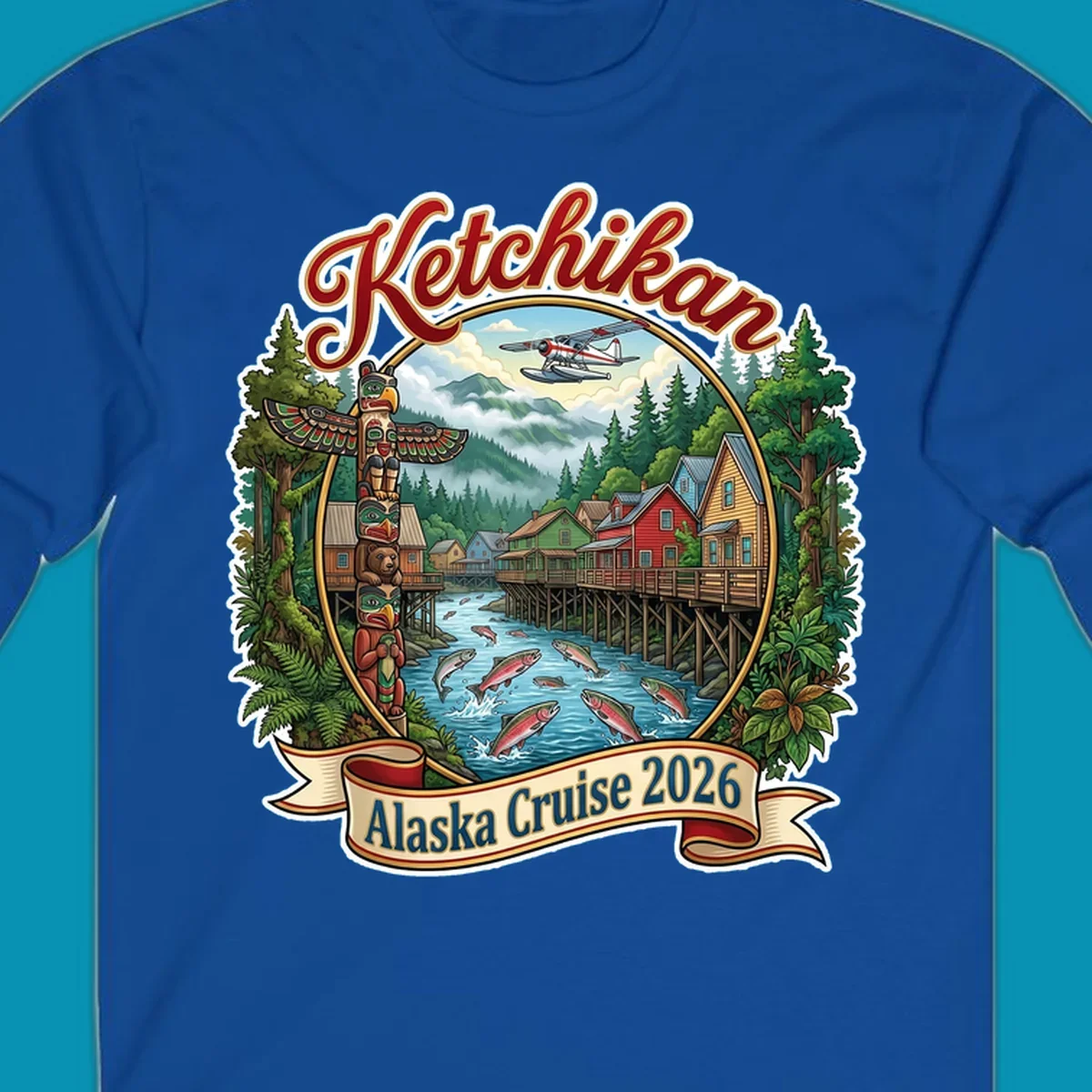 Colorful illustration of Ketchikan, Alaska, with a totem pole, stilt houses, jumping salmon, mountains, seaplane, and 'Ketchikan Alaska Cruise 2026' text, highlighting the ketchikan-alaska-totem-salmon experience.
