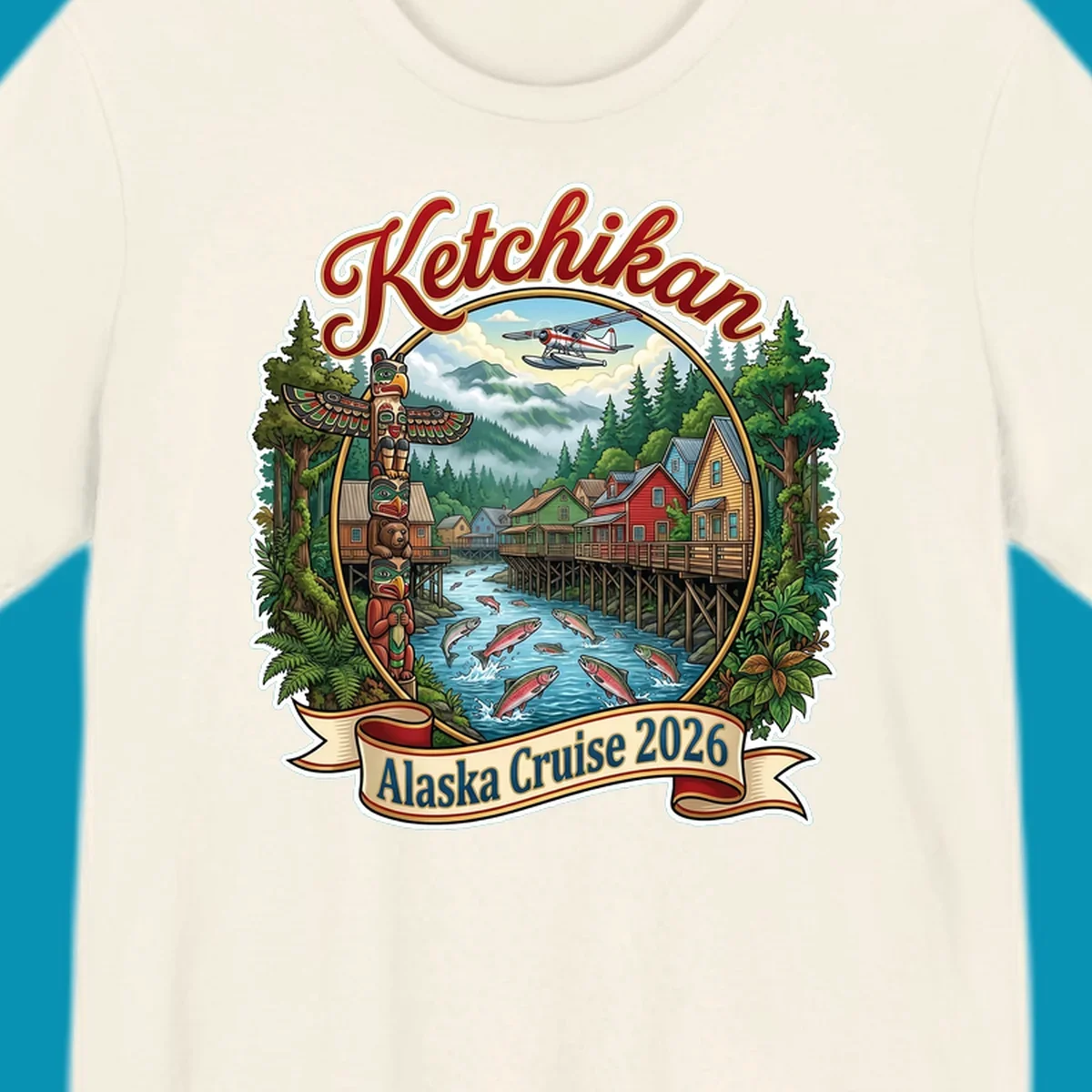 Colorful illustration of Ketchikan, Alaska, with a totem pole, stilt houses, jumping salmon, mountains, seaplane, and 'Ketchikan Alaska Cruise 2026' text, highlighting the ketchikan-alaska-totem-salmon experience.