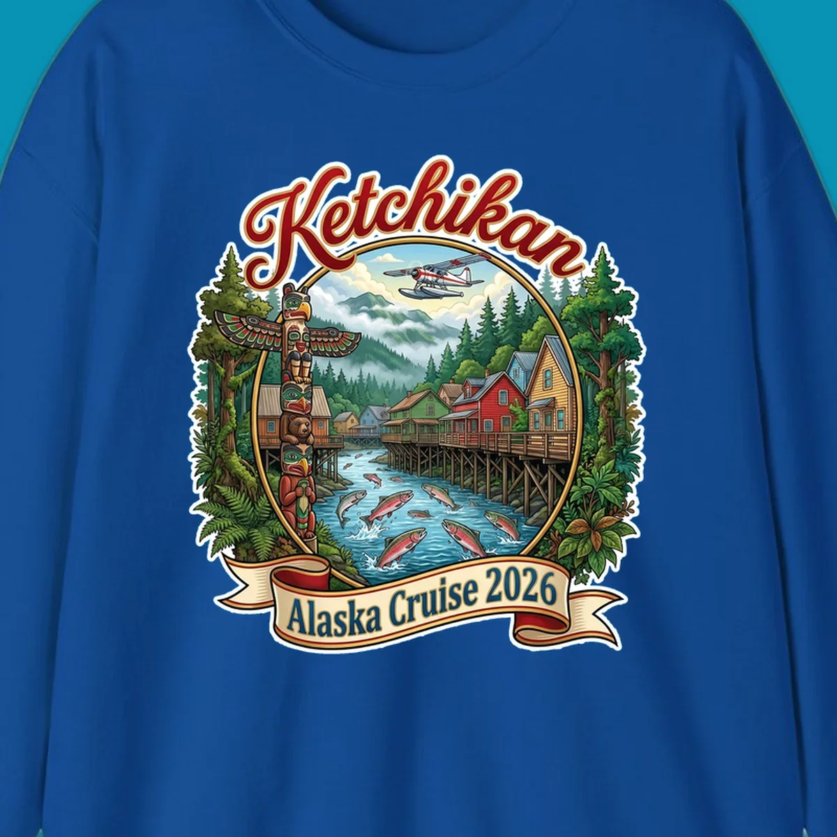 Colorful illustration of Ketchikan, Alaska, with a totem pole, stilt houses, jumping salmon, mountains, seaplane, and 'Ketchikan Alaska Cruise 2026' text, highlighting the ketchikan-alaska-totem-salmon experience.