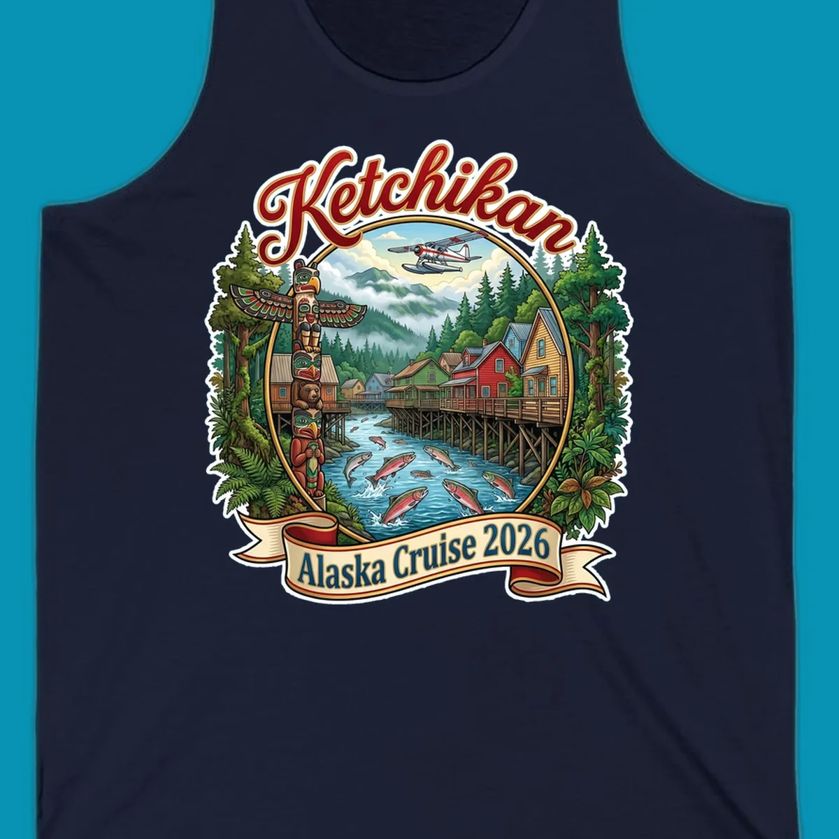Colorful illustration of Ketchikan, Alaska, with a totem pole, stilt houses, jumping salmon, mountains, seaplane, and 'Ketchikan Alaska Cruise 2026' text, highlighting the ketchikan-alaska-totem-salmon experience.