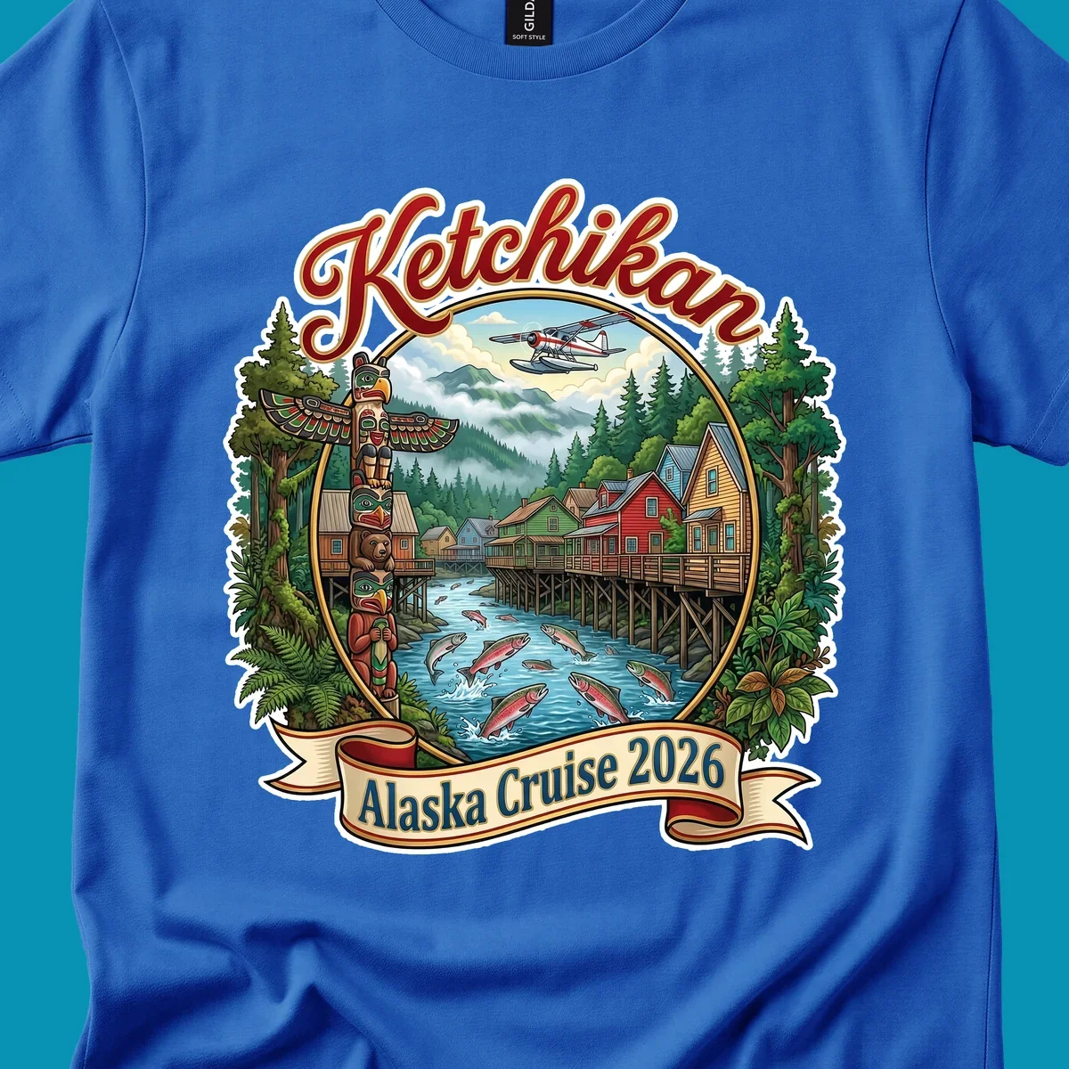 Colorful illustration of Ketchikan, Alaska, with a totem pole, stilt houses, jumping salmon, mountains, seaplane, and 'Ketchikan Alaska Cruise 2026' text, highlighting the ketchikan-alaska-totem-salmon experience.