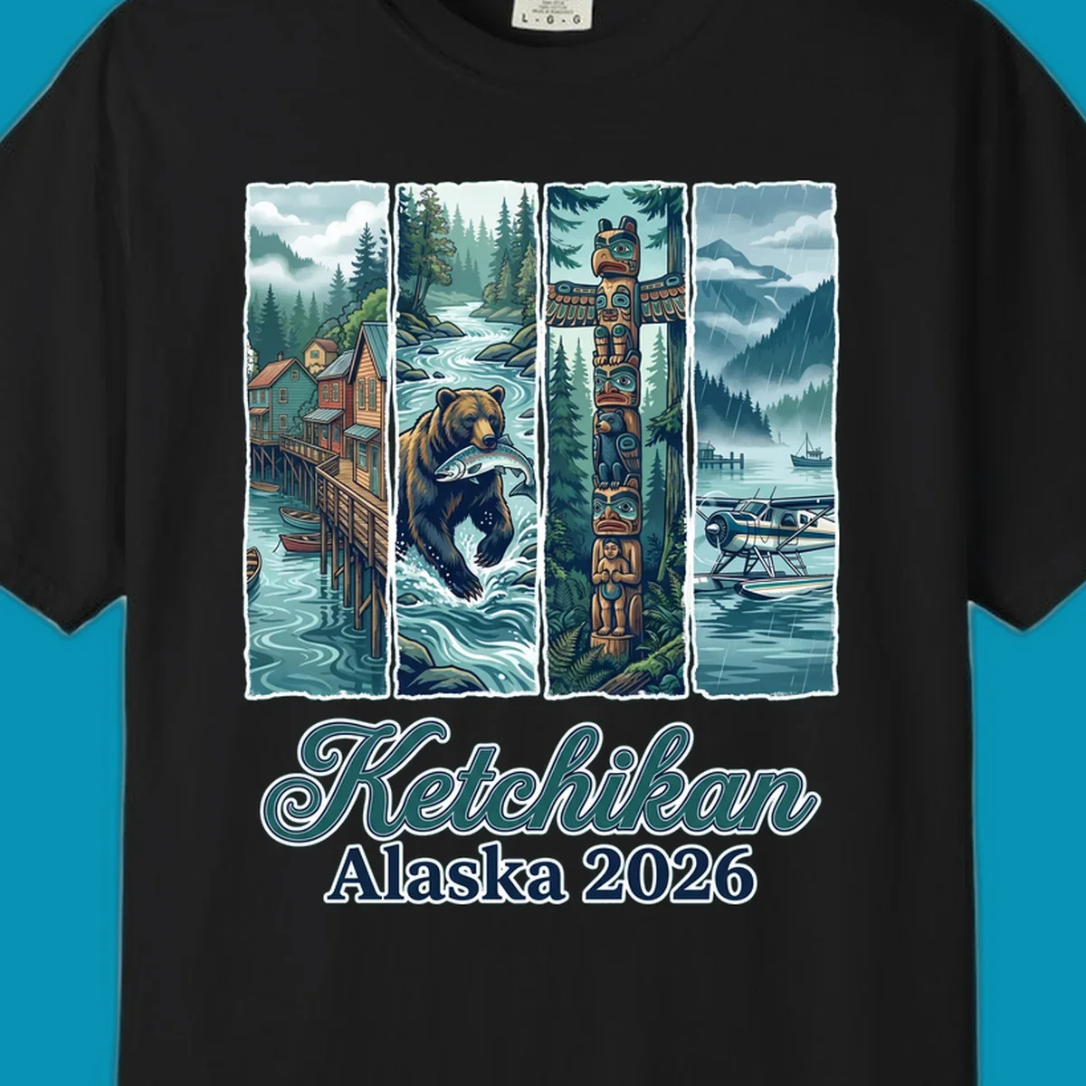 Four-panel Ketchikan Alaska illustration featuring waterfront houses, fishing bear, ornate totem pole, and seaplanes in misty forest landscape with teal and gold tones.
