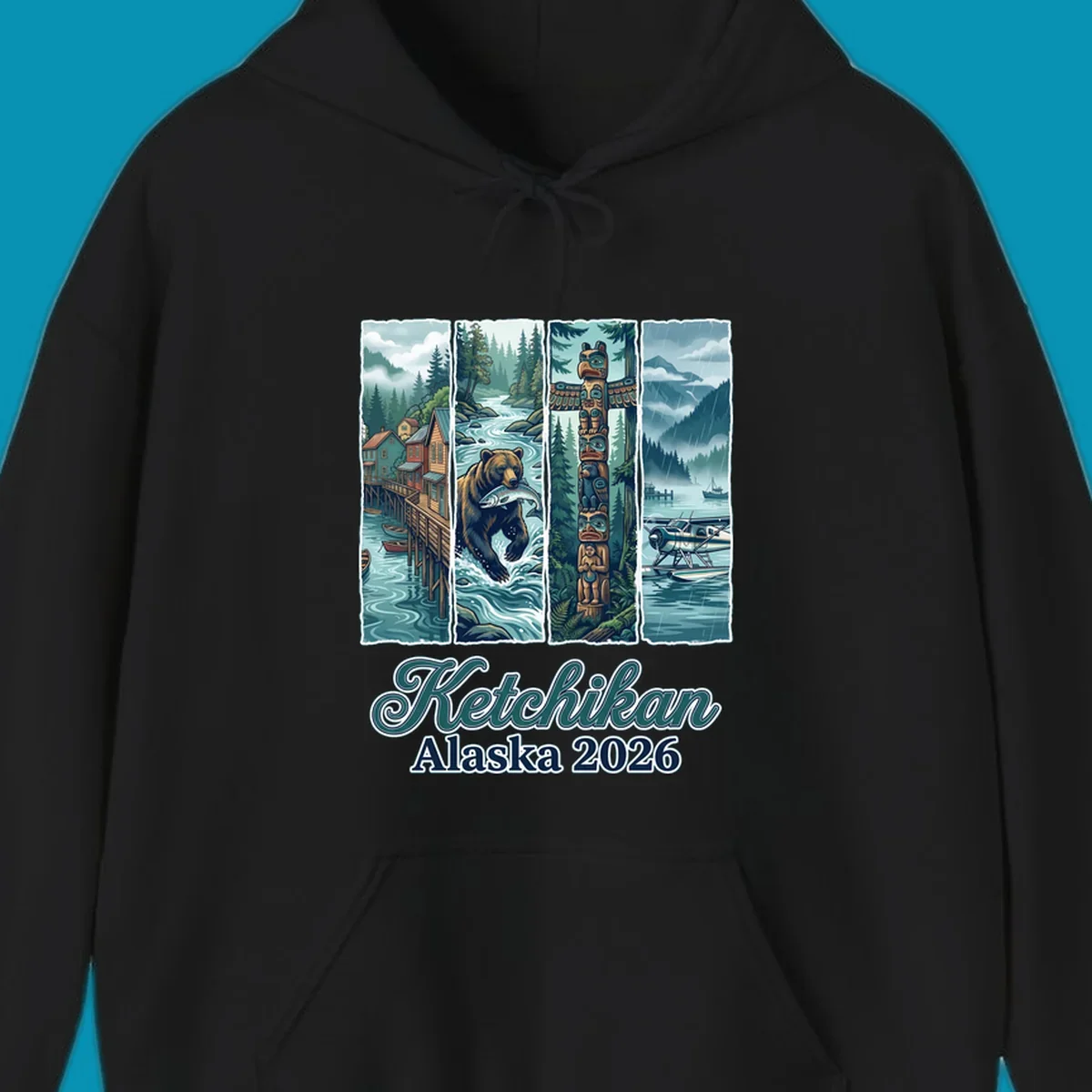 Four-panel Ketchikan Alaska illustration featuring waterfront houses, fishing bear, ornate totem pole, and seaplanes in misty forest landscape with teal and gold tones.