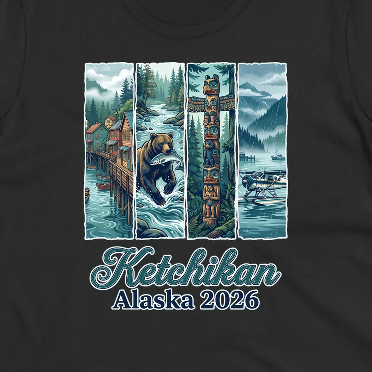 Four-panel Ketchikan Alaska illustration featuring waterfront houses, fishing bear, ornate totem pole, and seaplanes in misty forest landscape with teal and gold tones.