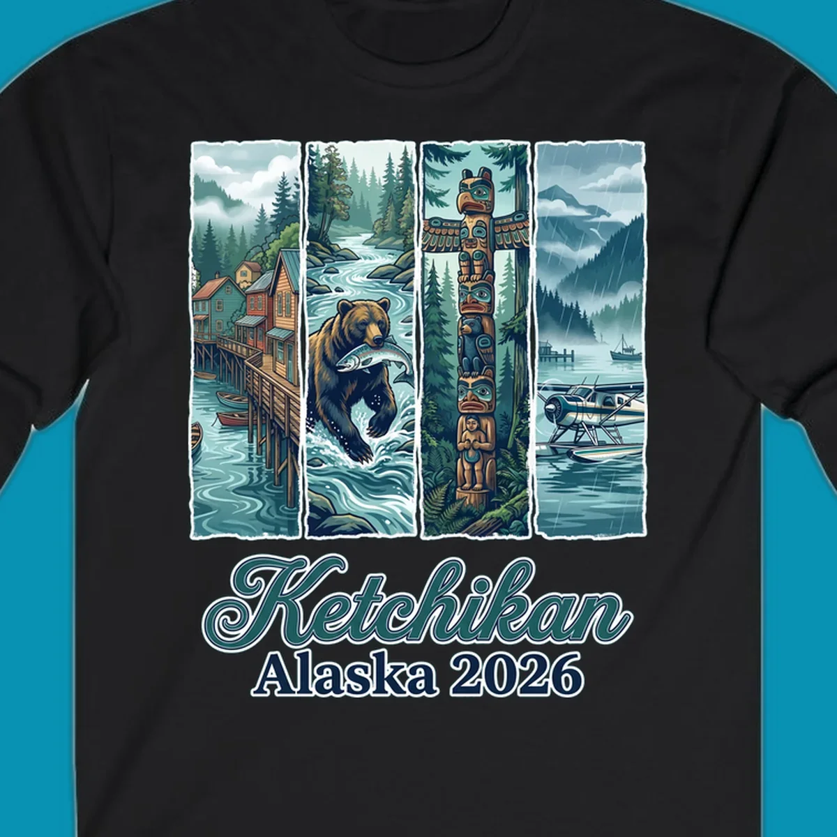 Four-panel Ketchikan Alaska illustration featuring waterfront houses, fishing bear, ornate totem pole, and seaplanes in misty forest landscape with teal and gold tones.