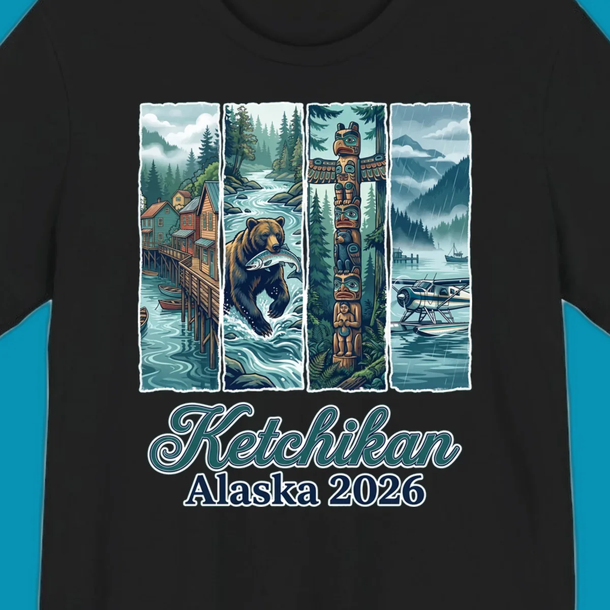 Four-panel Ketchikan Alaska illustration featuring waterfront houses, fishing bear, ornate totem pole, and seaplanes in misty forest landscape with teal and gold tones.