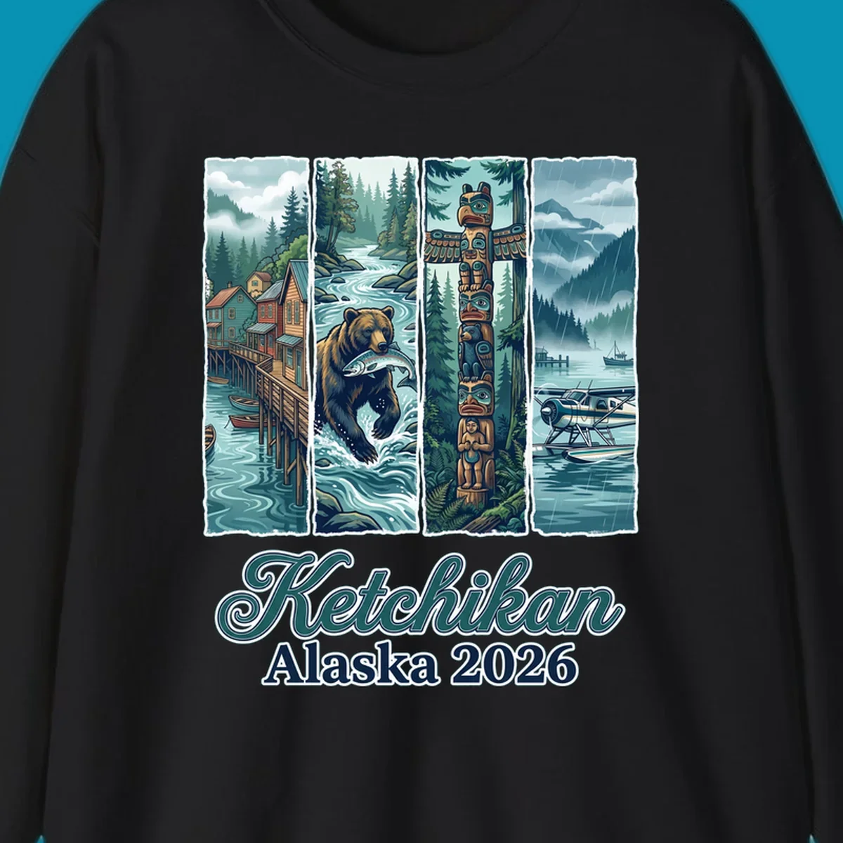 Four-panel Ketchikan Alaska illustration featuring waterfront houses, fishing bear, ornate totem pole, and seaplanes in misty forest landscape with teal and gold tones.