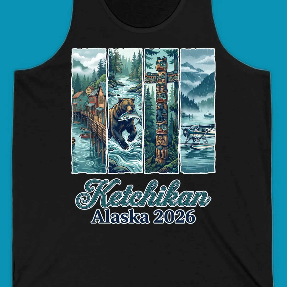 Four-panel Ketchikan Alaska illustration featuring waterfront houses, fishing bear, ornate totem pole, and seaplanes in misty forest landscape with teal and gold tones.