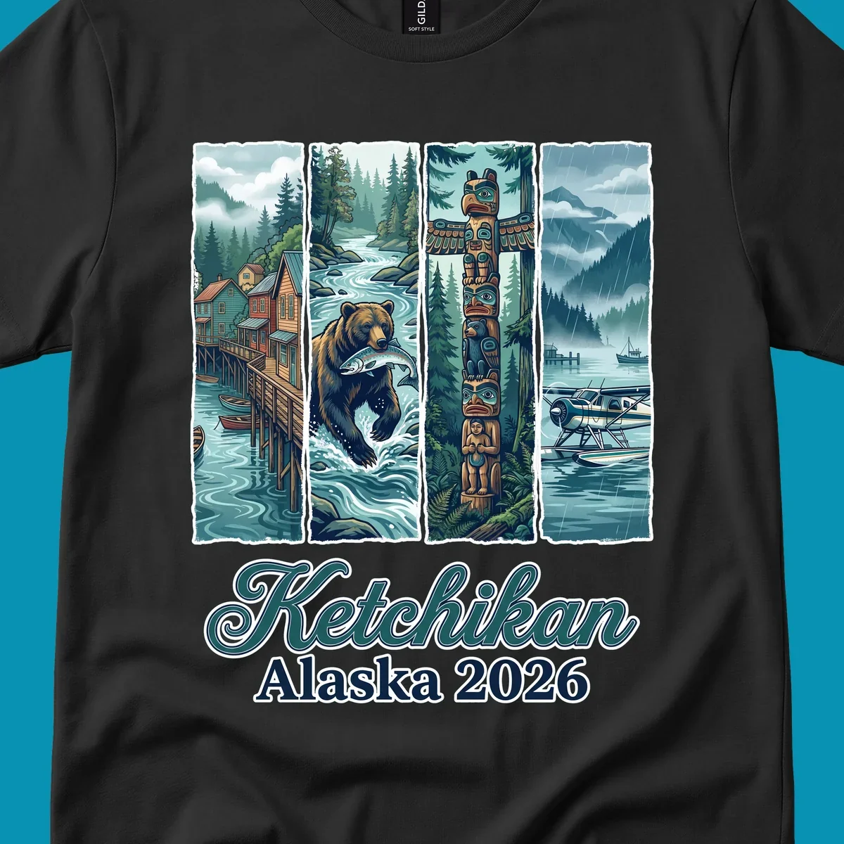 Four-panel Ketchikan Alaska illustration featuring waterfront houses, fishing bear, ornate totem pole, and seaplanes in misty forest landscape with teal and gold tones.