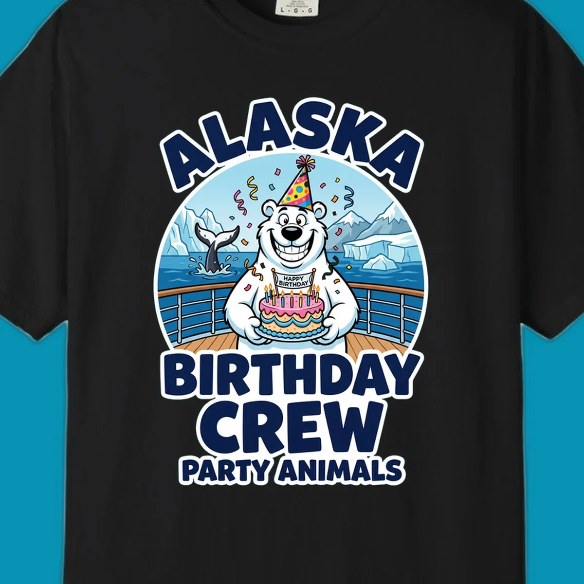 Smiling polar bear in party hat holding birthday cake on Alaska cruise ship deck with glaciers and whales