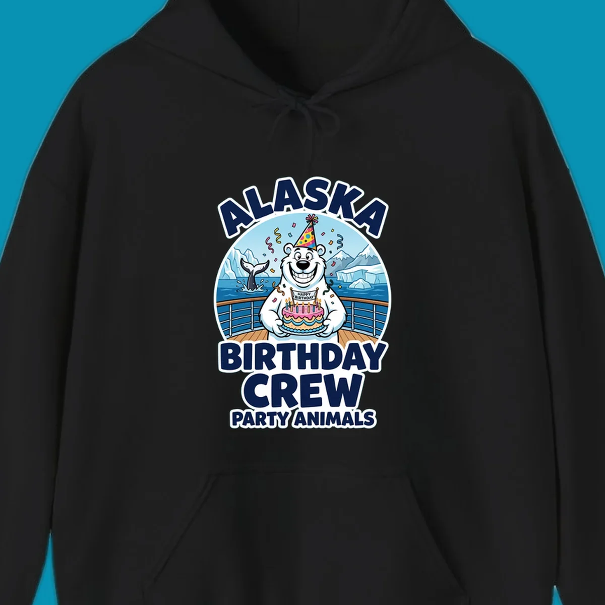 Smiling polar bear in party hat holding birthday cake on Alaska cruise ship deck with glaciers and whales