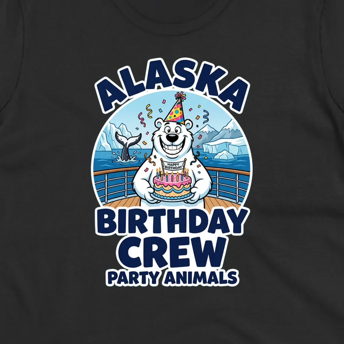 Smiling polar bear in party hat holding birthday cake on Alaska cruise ship deck with glaciers and whales